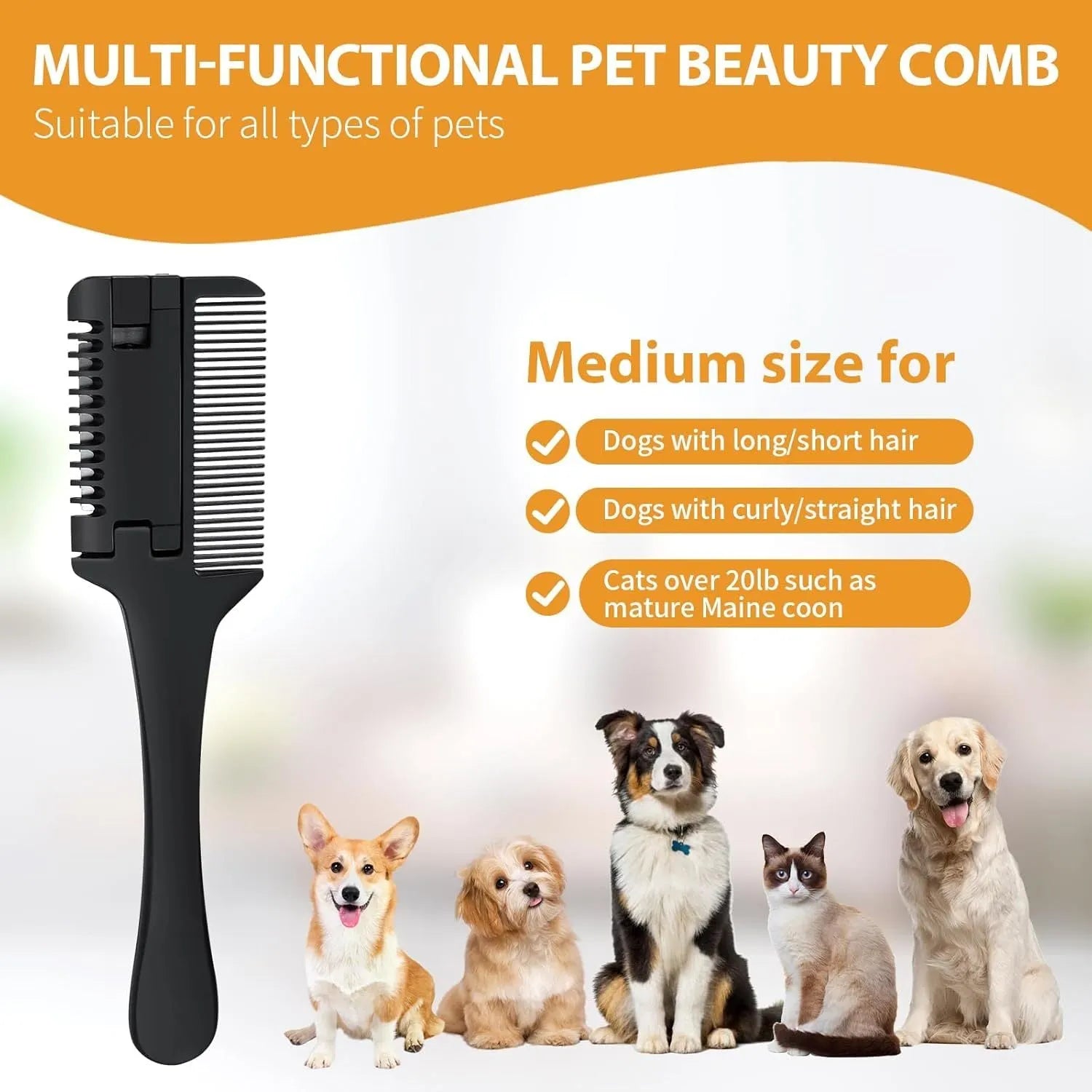 Stainless steel pet razor comb with detangling teeth and trimming blade, shown with spare blades.