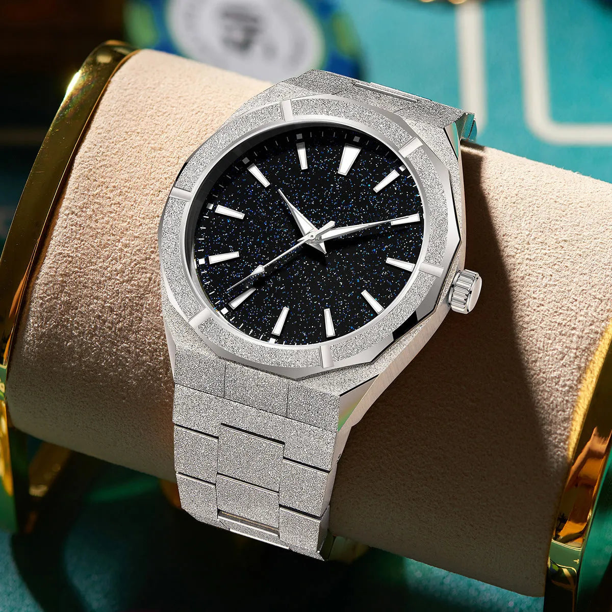 Men's business watch with frosted stainless steel case and luminous markers in silver, gold or black options