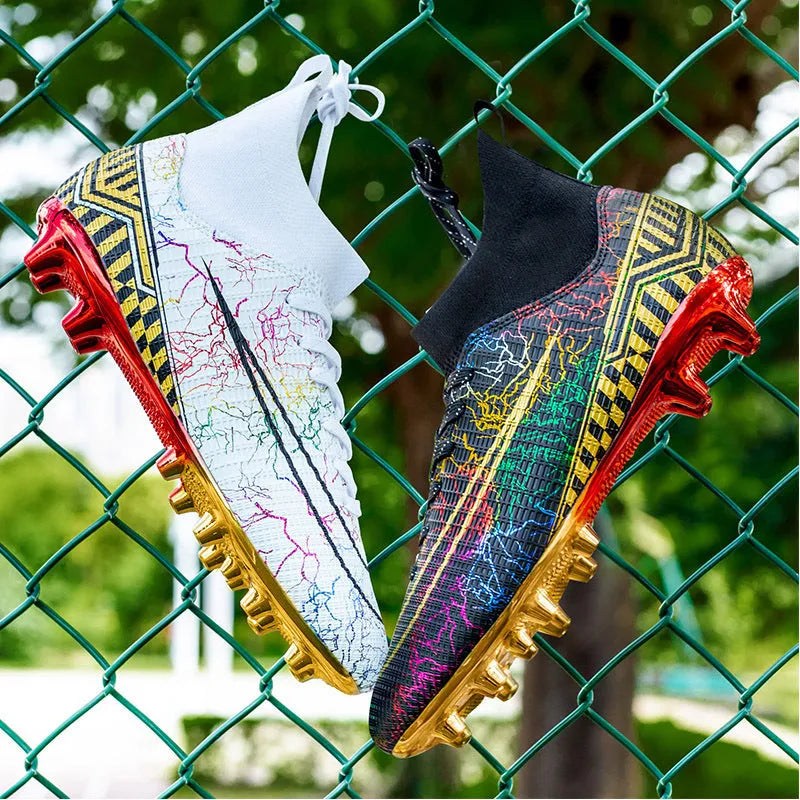 High-top football training shoes in mandarin duck colour with gold-plated PVC sole and lace-up closure