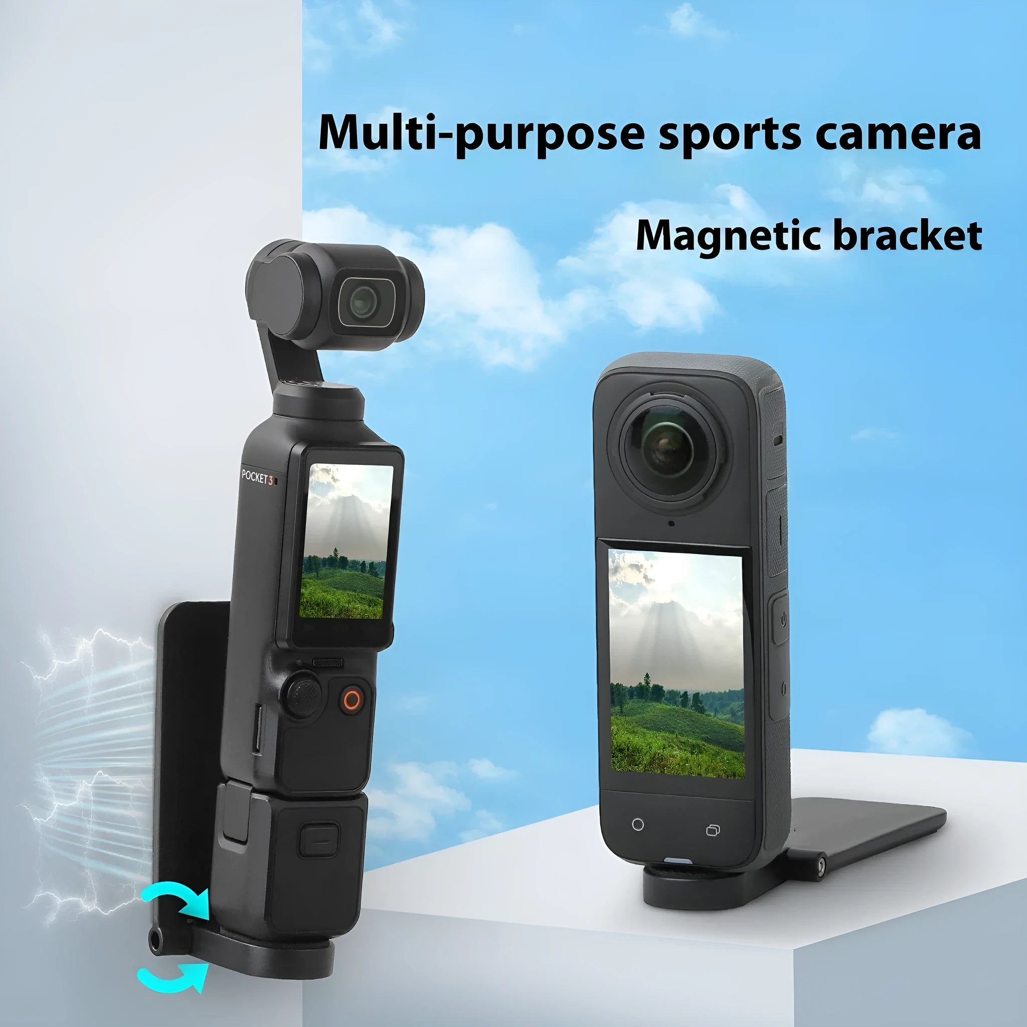 Black Insta360 X4 magnetic bracket base with angle adjustable design and handheld handle