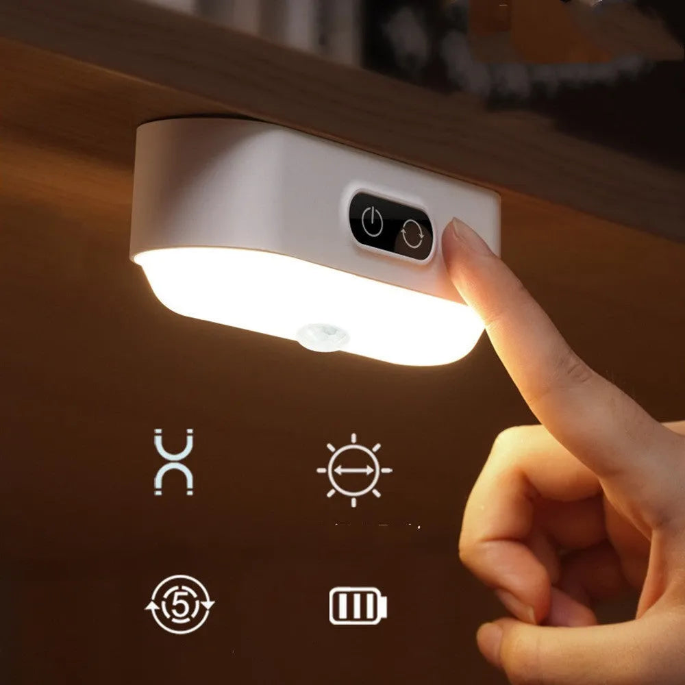 White USB rechargeable magnetic LED study light with touch controls and motion sensor.