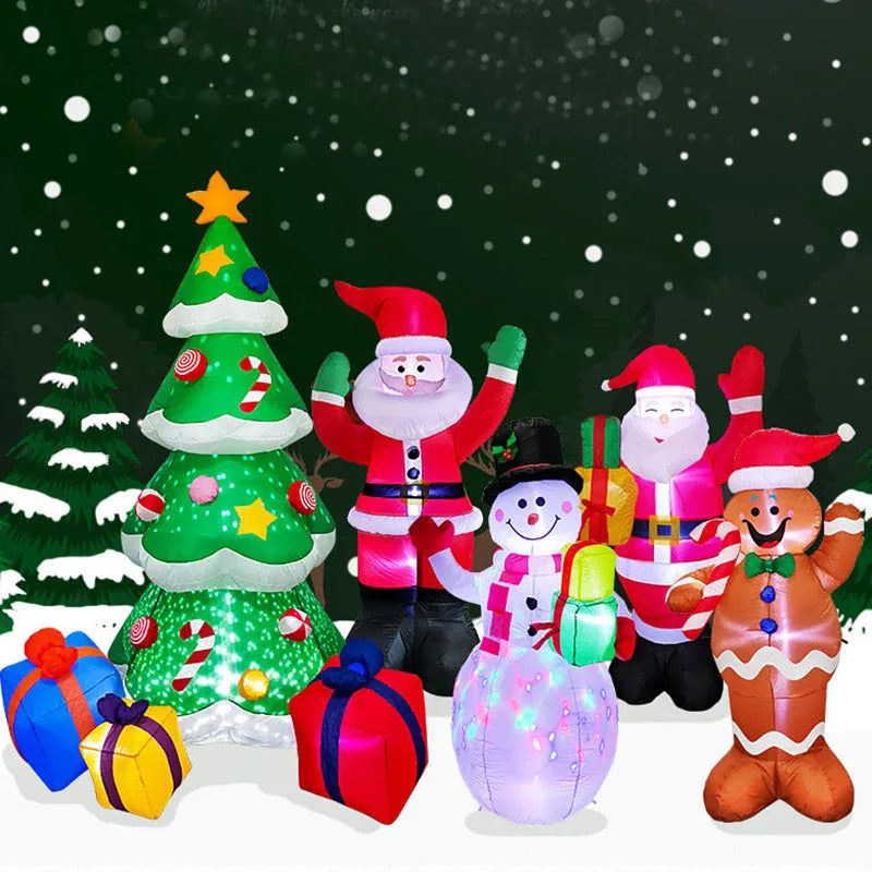 Glowing LED inflatable Christmas decoration showing Santa, tree, or snowman for outdoor garden use