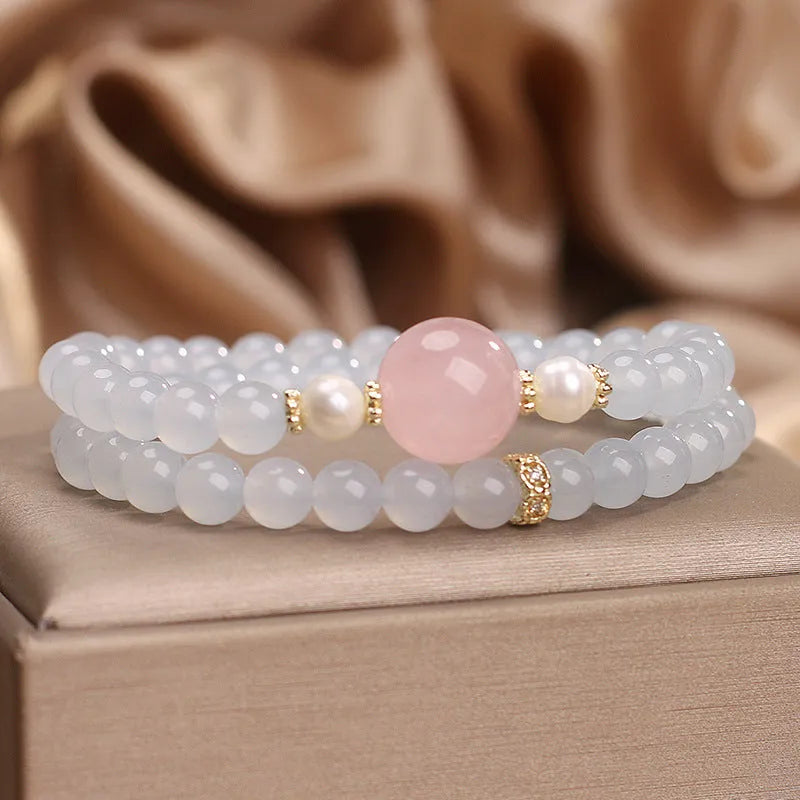 Natural aquamarine double ring bracelet polished finish light luxury minority style women
