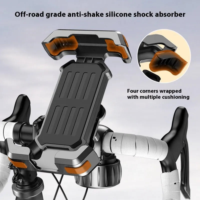Black ABS cycling phone navigation bracket mounted on bike handlebars
