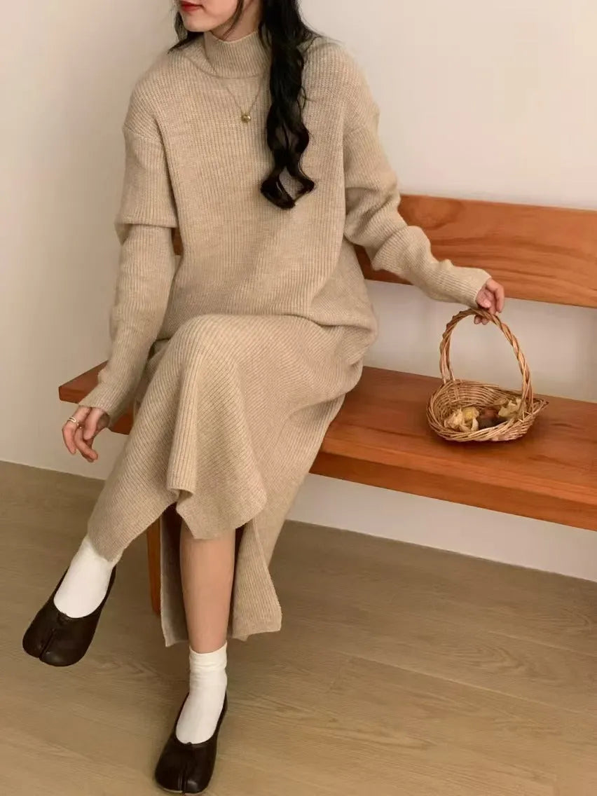 Half turtleneck long sleeve knitted dress in solid colour with high waist