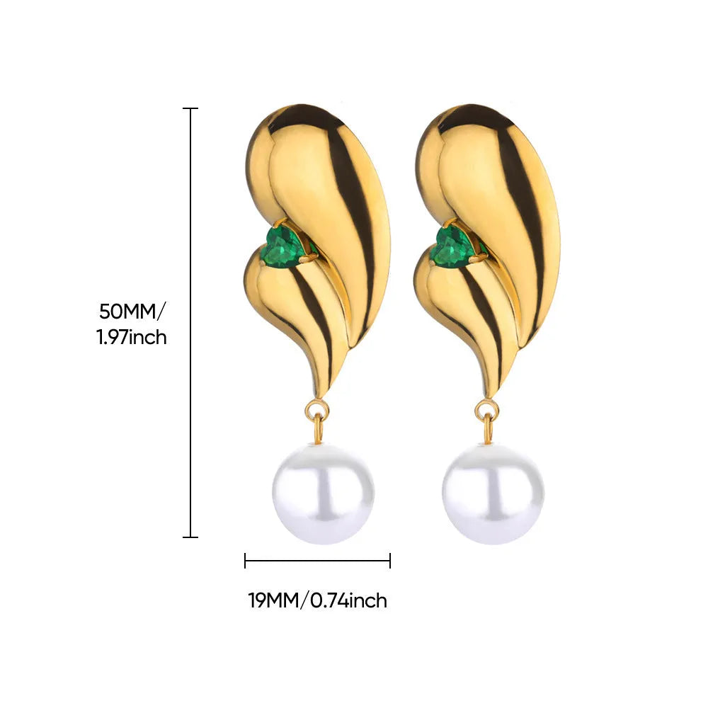 Pair of stainless steel stud earrings with green zircon and pearl geometric design