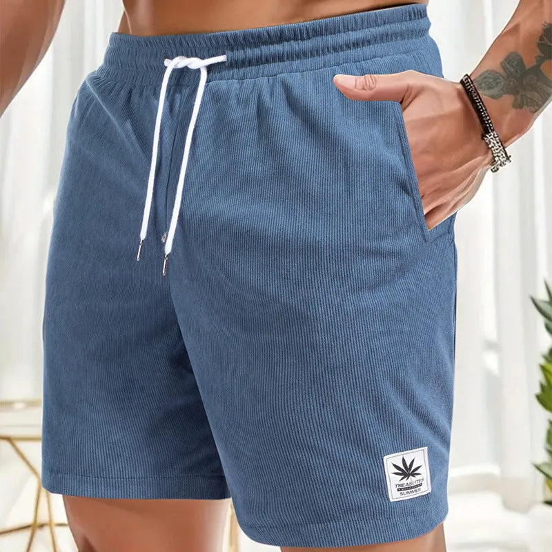 Men's drawstring summer leisure shorts in straight leg design with elastic polyester fabric
