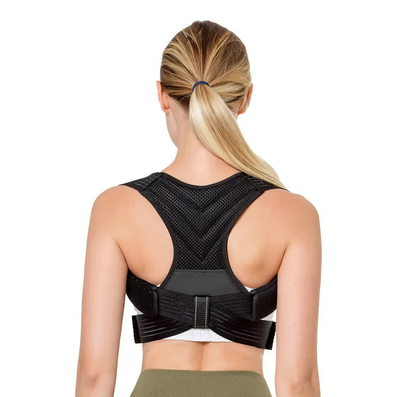 Anti-humpback correction belt in black polyester-nylon for posture support with open shoulders and high chest