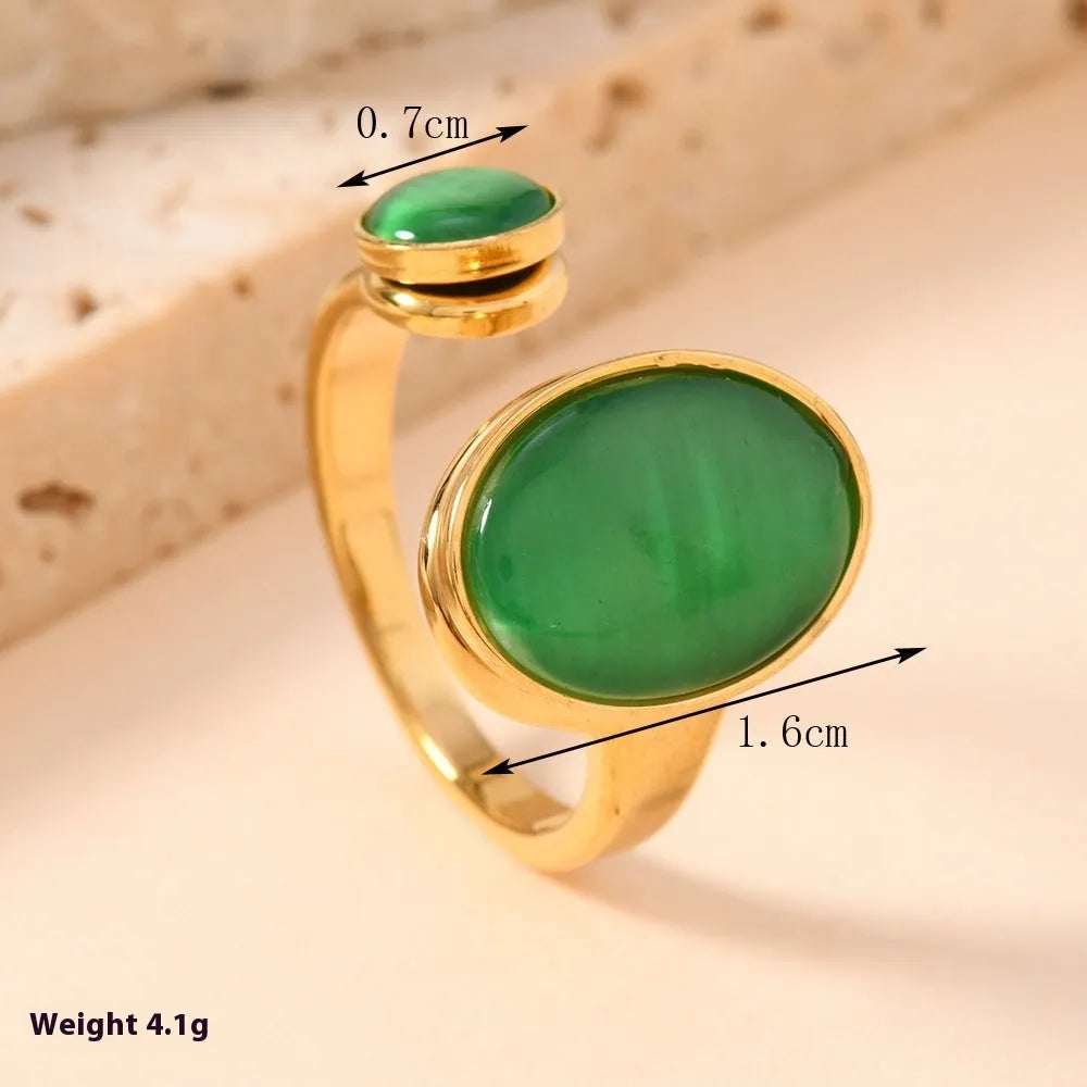 Oval natural stone ring on stainless steel band, geometric design, free size, green and white blue colour options