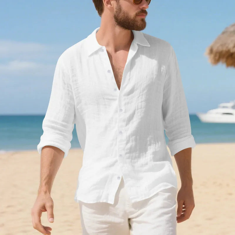 Men's loose fit linen casual shirt in light blue colour, showing non-ironing style.
