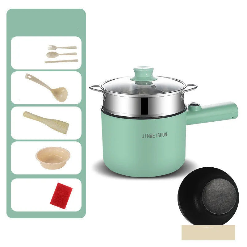White, green, and khaki mini electric hot pot with non-stick interior and control panel.