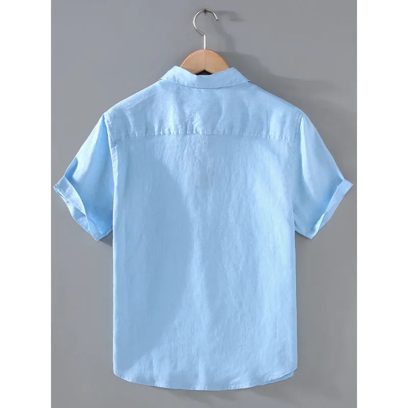 Men's casual short-sleeved linen shirt in cardigan style showing colour options including apricot, dark red and sky blue