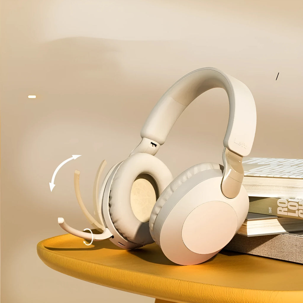 Bluetooth headset in beige gold with power display, stereo sound, and 15 metre wireless range