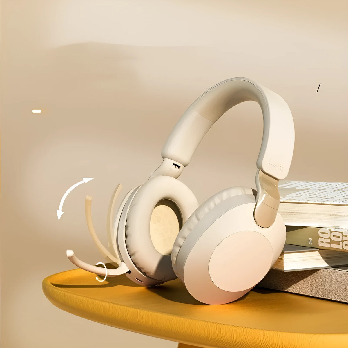 Bluetooth headset in beige gold with power display, stereo sound, and 15 metre wireless range