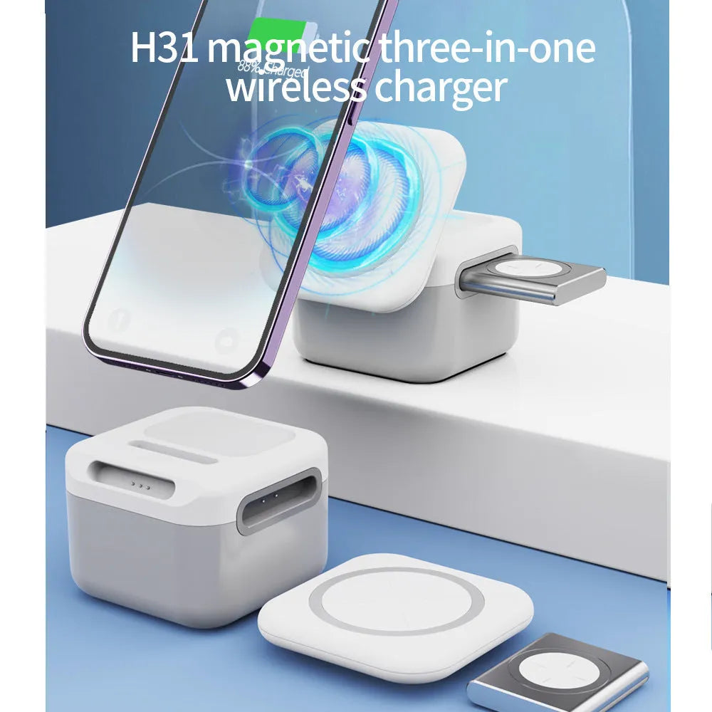 White 3-in-1 wireless charger with hidden removable storage panel for phone, earbuds, and watch