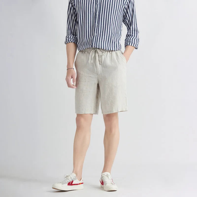 Men's summer thin loose tapered linen pants in black, high waist, loose fit