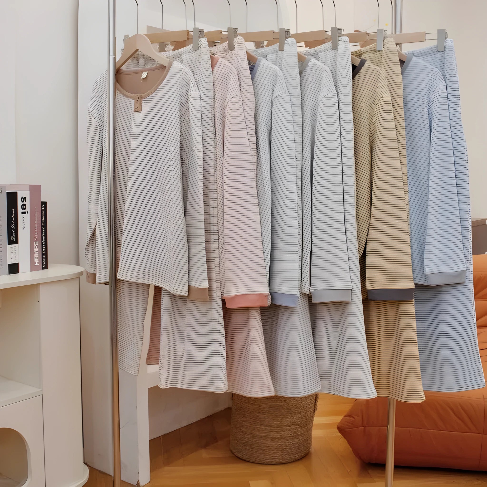 Women's velvet round neck pullover pyjama set with long sleeves and striped trousers in light blue