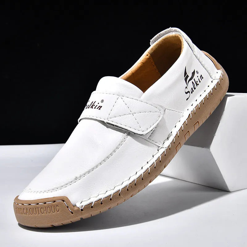 Autumn leisure hand-stitched PU upper Velcro shoes in flat heel round toe low-top casual style