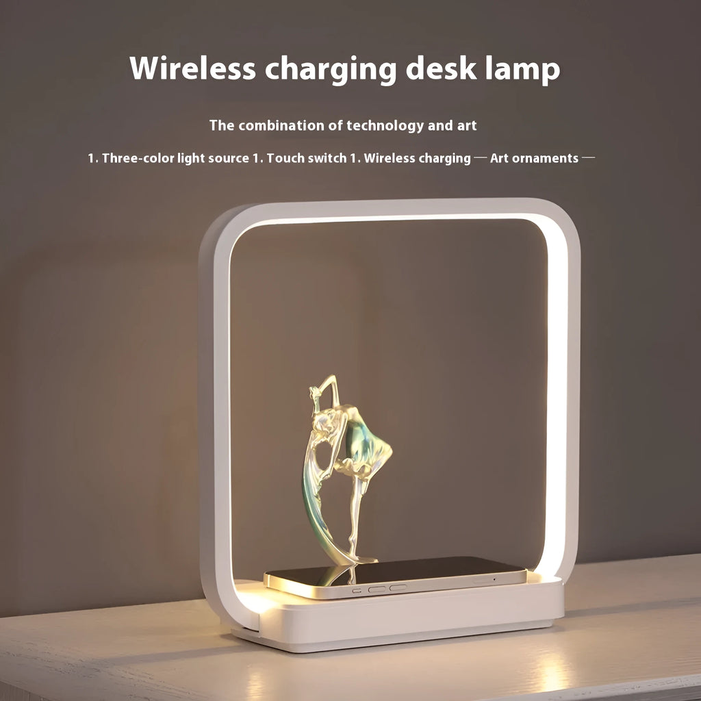 Blue and yellow decorative table lamp with wireless phone charging pad and atmospheric glow lighting