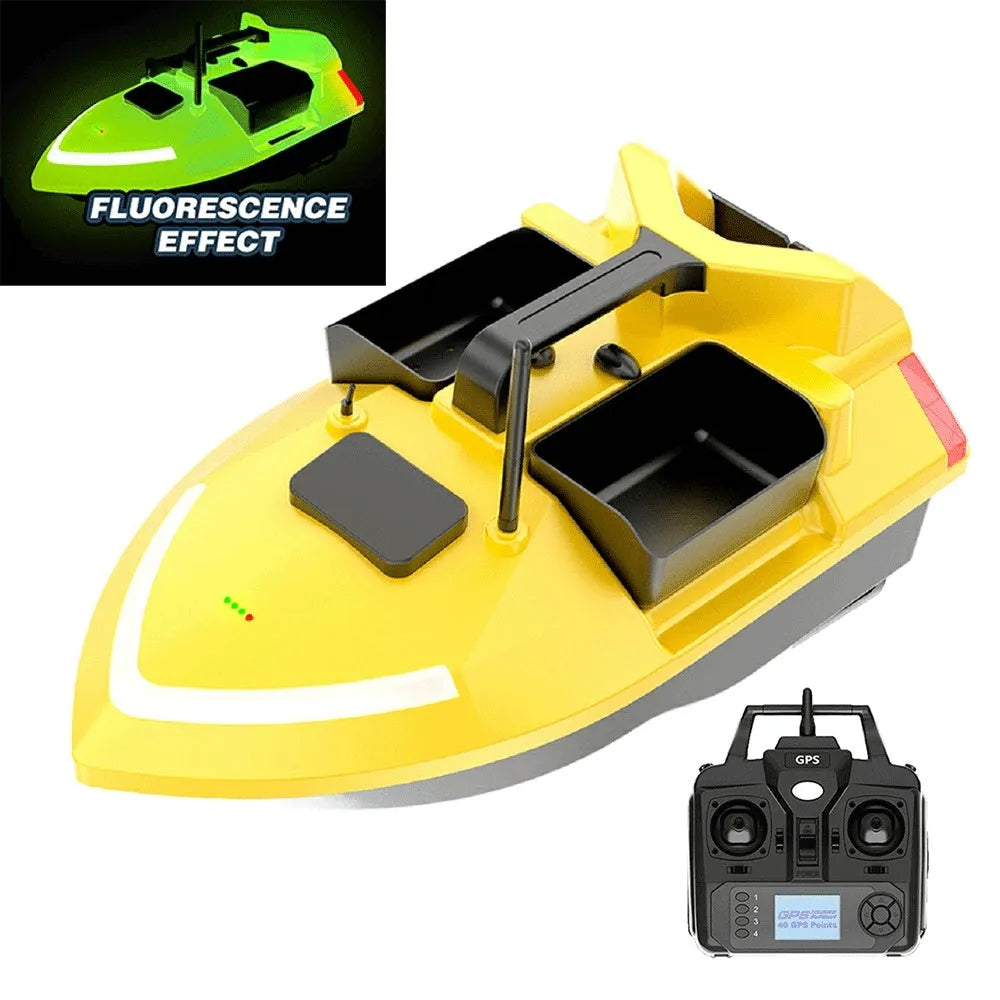 Black and luminous yellow remote control GPS fishing boat with LED light on calm water.