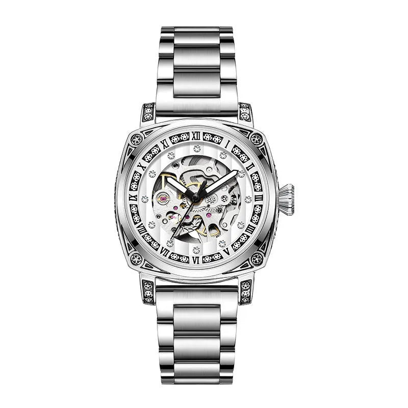 Mechanical watch with luminous hands and leather strap in multiple colour options