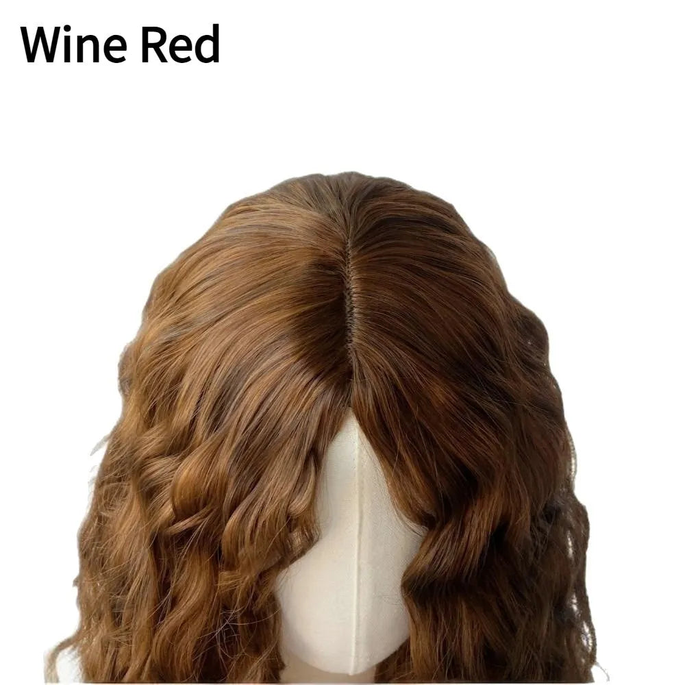 Women's long curly synthetic corn wig in 68cm length with adjustable button mesh, shown in black
