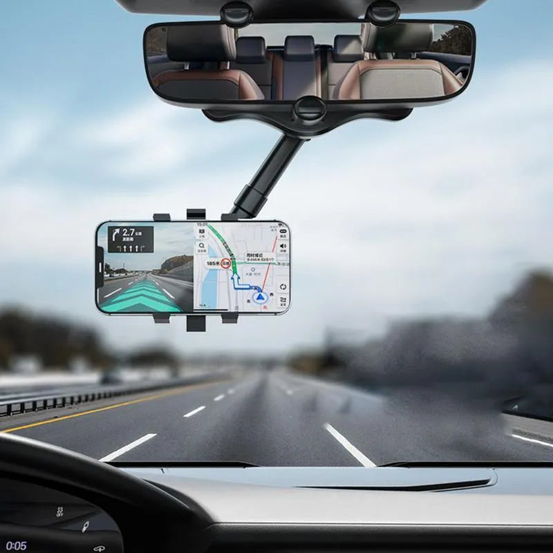 Black rearview mirror car phone holder with rotating head and four gripping claws extended.