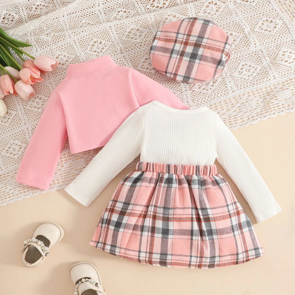 Baby girl plaid wool coat dress and beret set in light brown with stand collar and long sleeves