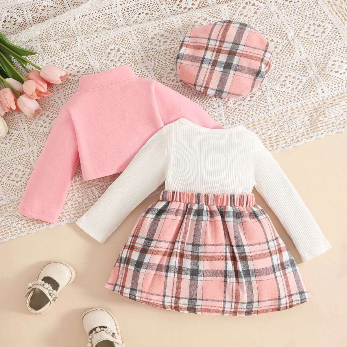 Baby girl plaid wool coat dress and beret set in light brown with stand collar and long sleeves