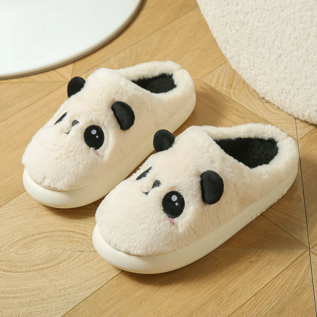 Panda-themed cotton and linen toe ring slippers for adults with a non-slip PVC sole.