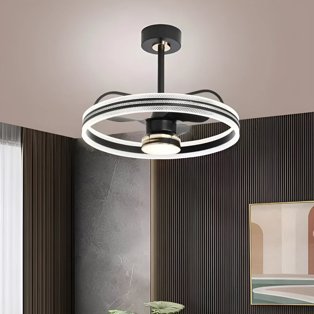 Modern black ceiling fan lamp with acrylic shade and ABS blades, remote control shown.