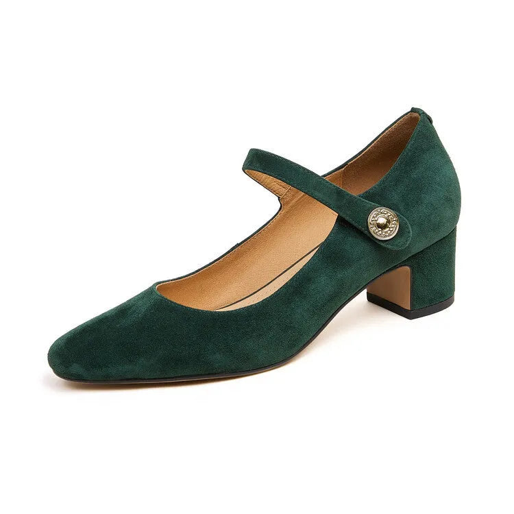 Women's black suede Mary Jane shoes with chunky heel and square toe bracket on white background