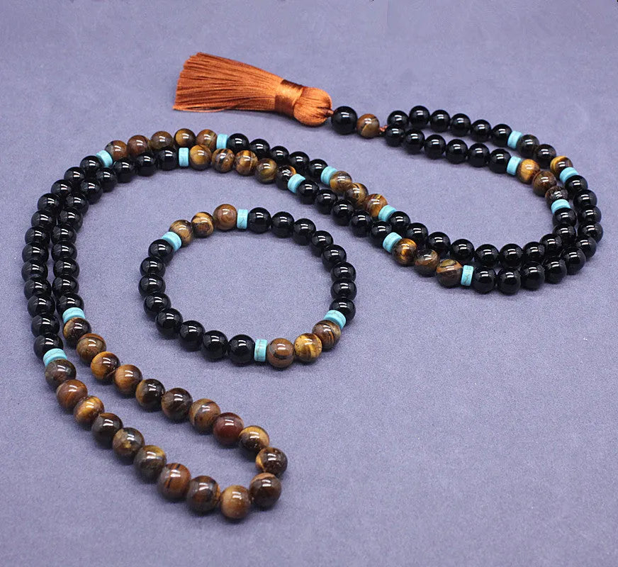 Black agate and tigereye geometric jewellery set with bracelet and necklace