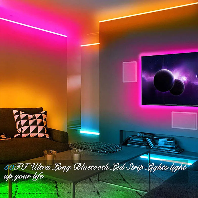 Bluetooth-controlled RGB LED strip light with 44-key remote, IP65 waterproof option, 12V operation