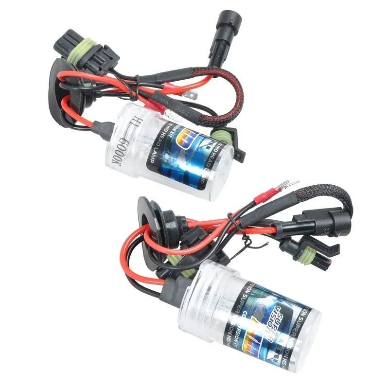 HID xenon automotive headlight bulb kit showing bulb with base types H1, H7, 9005 for 4300K, 6000K, 8000K colour temperatures.