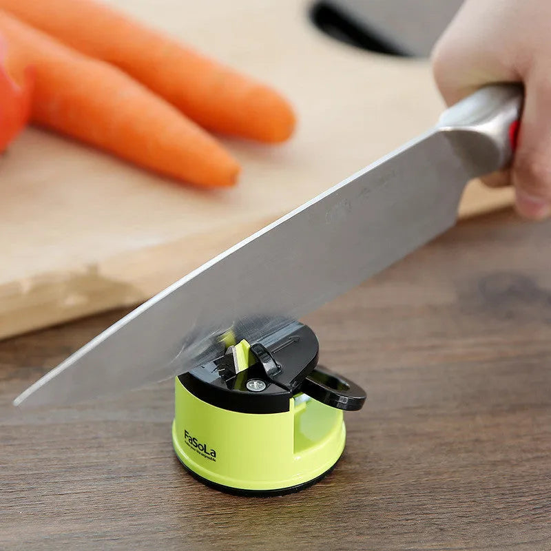 Fixed angle tungsten steel knife sharpener in mustard green with plastic body and arrow direction label