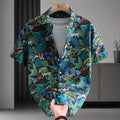 Men's short sleeve Hawaiian style shirt with floral print pattern in cotton fabric, cardigan style