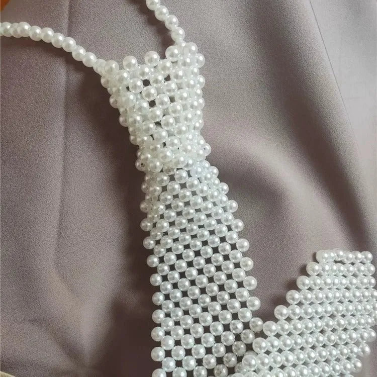 Pearl tie body chain with hollow out retro design in black or white