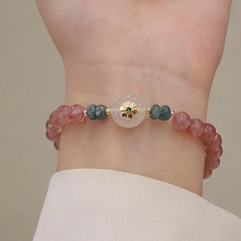 Strawberry quartz and blue water emerald bracelet with geometric diamond shapes and traditional Chinese design elements