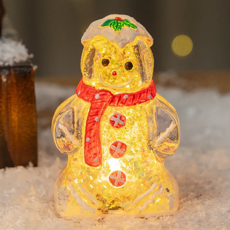 Glowing plastic gingerbread man snowman Christmas ornament with a choice of scarf colours on a festive background.