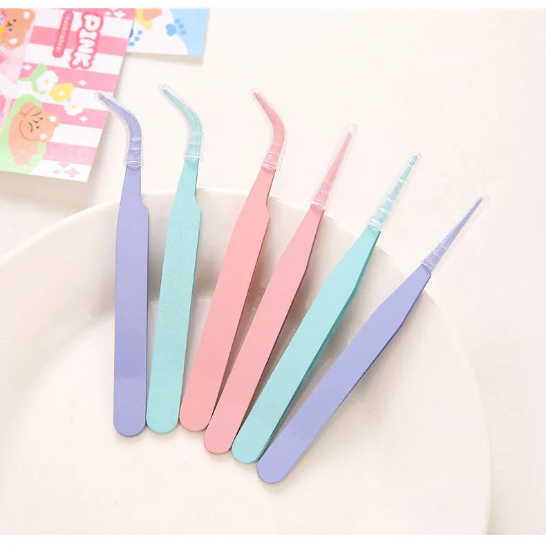 DIY colour pointed elbow eyelash tweezers in pink blue purple for makeup tool