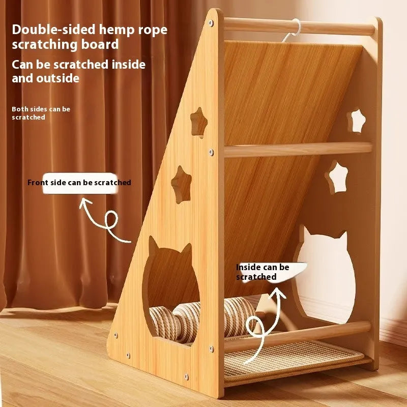 Vertical wall-mounted cat scratch board with sisal surface and dangling cat teasing ball on hemp rope