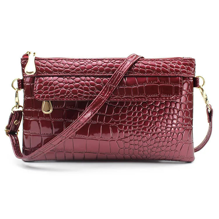 Women's soft PU leather messenger bag in horizontal square design showing black, coffee, and purplish red colour options