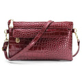 Women's soft PU leather messenger bag in horizontal square design showing black, coffee, and purplish red colour options
