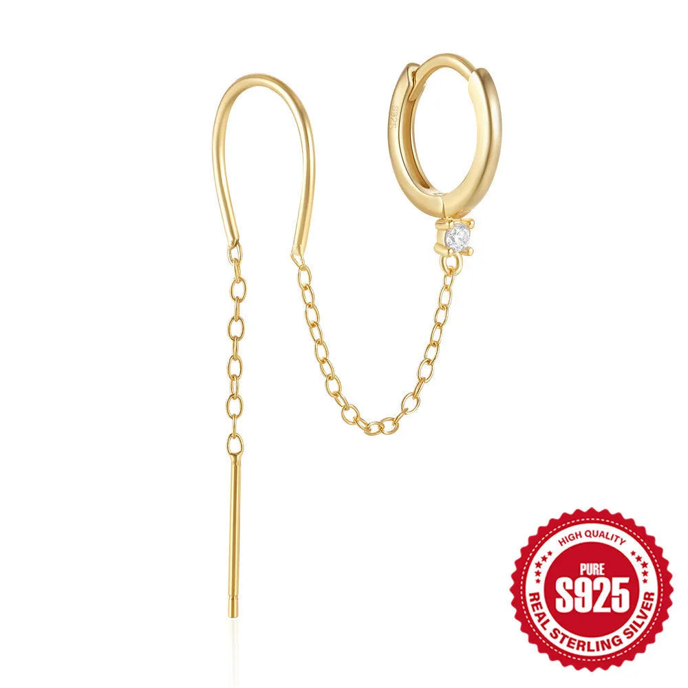 Golden S925 sterling silver stud earrings with a geometric diamond flower and delicate tassel chain design.