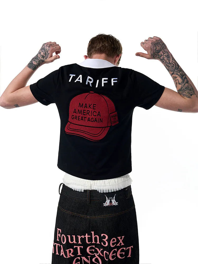 Black slim fit men's polo collar short sleeve T-shirt with embroidery detail on front.