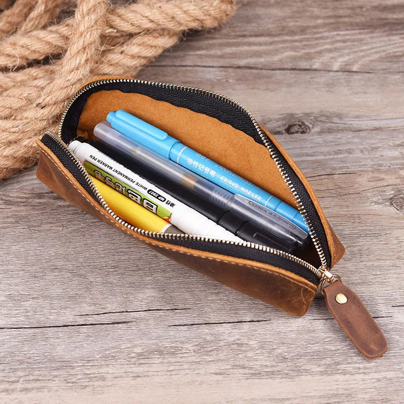 Handmade genuine cowhide leather square pencil case measuring 18cm with zipper closure in solid colour