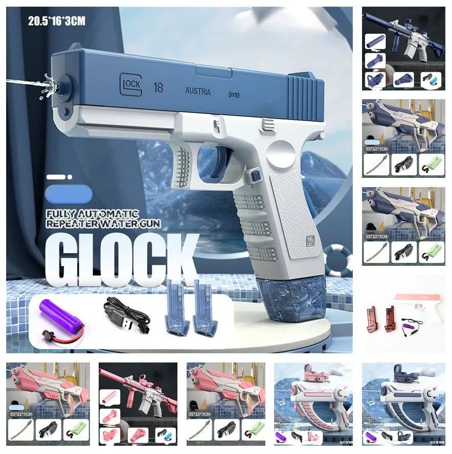 Blue electric water gun with USB charging cable and 358ml water capacity for outdoor play
