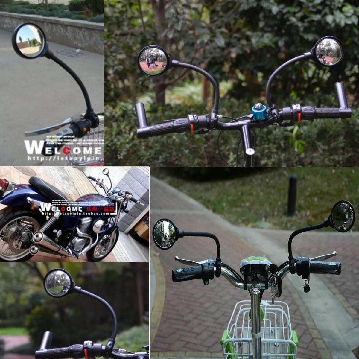 Black metal bicycle rearview mirror with hose adjustment mechanism for handlebar mounting