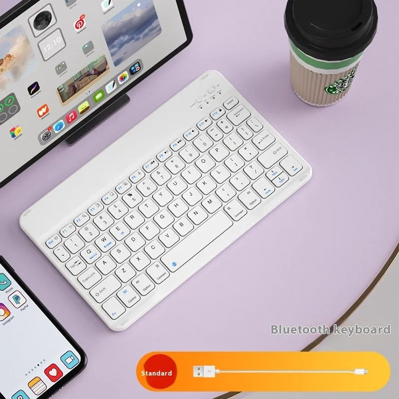Bluetooth keyboard for tablet in ABS plastic, showing colour options including white, green, and pink.